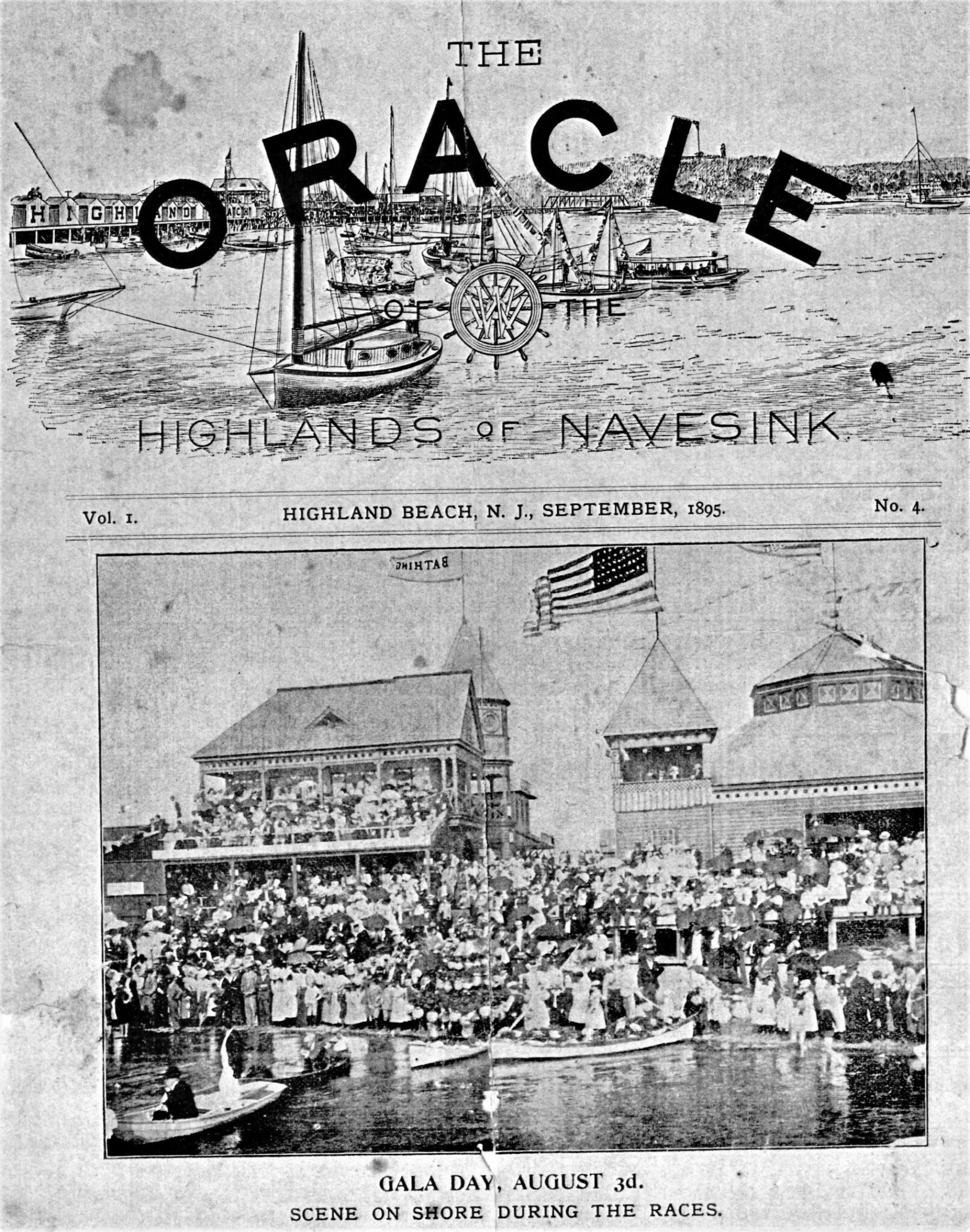The front page of The Oracle of the Highlands of Navesink, Vol. 1 No. 4, September 1895 — a periodical from Highland Beach with a masthead illustration of the Sandlass Pavilion complex and a front-page photograph of the August 3rd regatta crowd