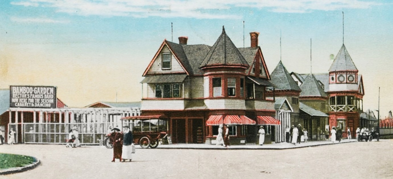 A hand-colored postcard ca. 1912 of the Sandlass entertainment complex at Highland Beach — the Bamboo Garden cabaret at left with signboard reading BAMBOO GARDEN · RECTOR'S FAMOUS BAND · NOW HERE FOR THE SEASON · CABARET & DANCING, a Victorian gingerbread pavilion office at center with red-and-white striped awnings, an early automobile at the entrance