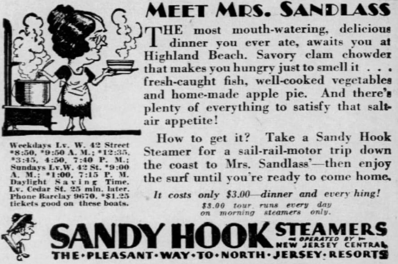 A newspaper advertisement ca. 1930 for Sandy Hook Steamer day excursions to Mrs. Sandlass' at Highland Beach — headline MEET MRS. SANDLASS, illustration of a cook with a steaming pot, steamboat schedule details from West 42nd Street