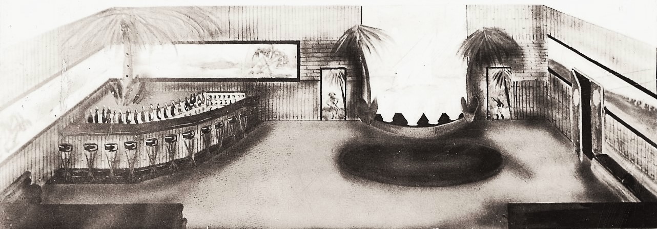 A watercolor drawing ca. 1935 of the Bamboo Room bar interior — bamboo-lined counter at left with a tropical coastline mural behind, palm-tree wall paintings at right framing small alcove murals of Hawaiian dancers
