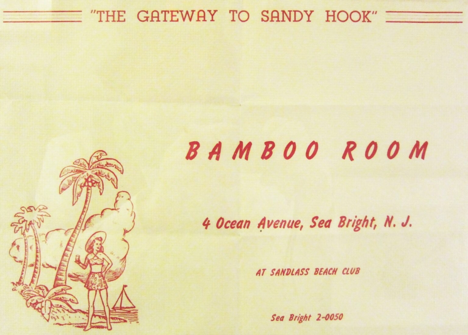 A cream-and-red printed menu cover ca. 1965 for the Bamboo Room at 4 Ocean Avenue, Sea Bright, N.J. — the tagline THE GATEWAY TO SANDY HOOK, a woman in swimsuit under palm trees at left, and AT SANDLASS BEACH CLUB and phone Sea Bright 2-0050 at bottom right