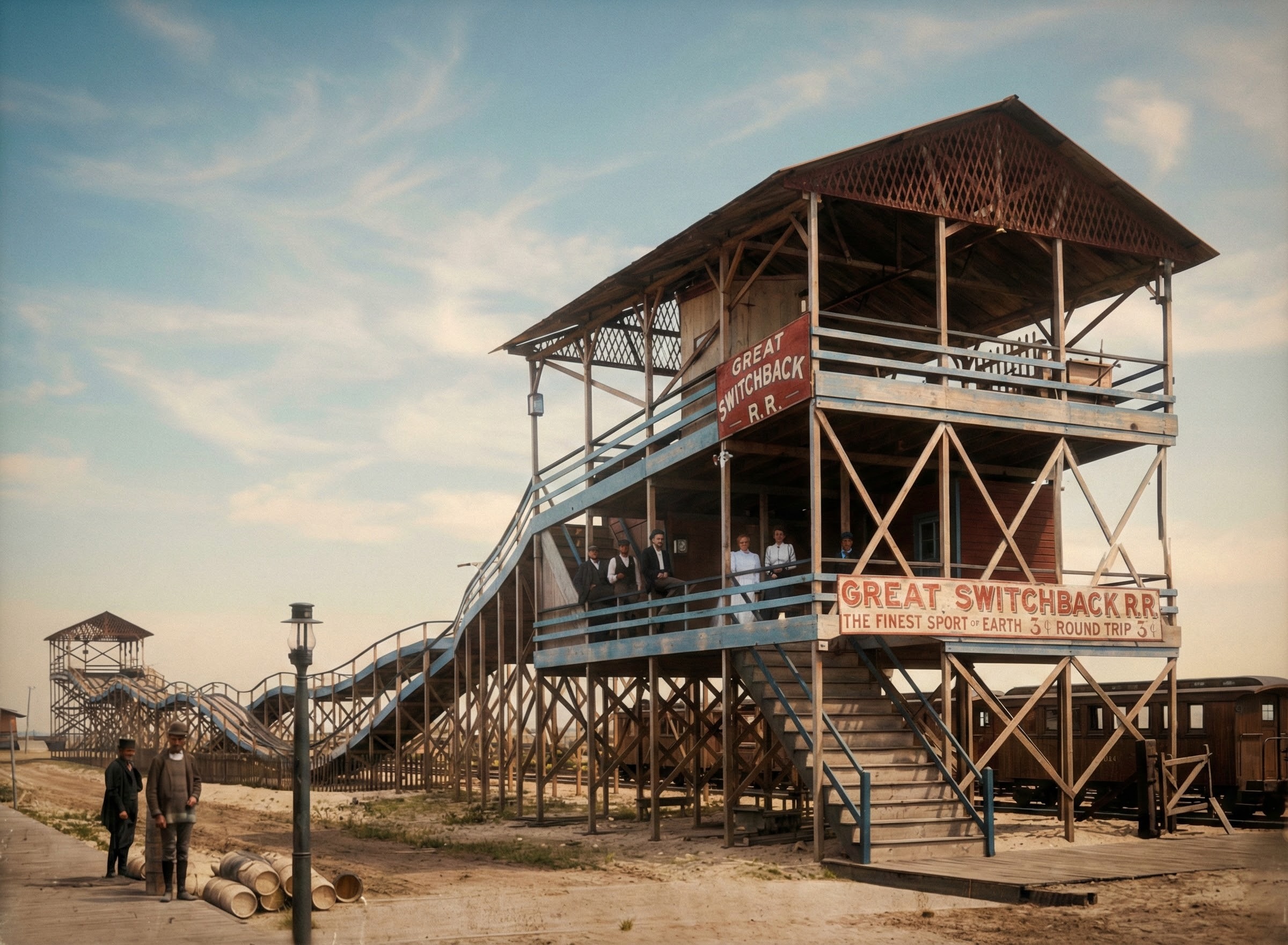 A colorized photograph of the Great Switchback R.R. at Highland Beach ca. 1892 — the gravity-railroad loading tower with red-lettered signs reading GREAT SWITCHBACK R.R. THE FINEST SPORT OF EARTH 3¢, the wooden coaster trestle behind, two men and barrels in the foreground
