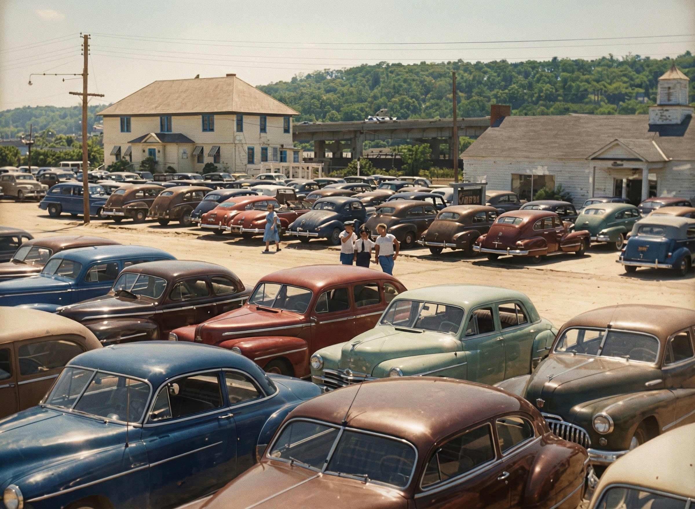 An AI-colorized view ca. 1950 of the Sandlass Beach Club parking lot filled with postwar American sedans — the Sandlass family house center-left with blue-trimmed windows, the Route 36 high bridge behind, three teenagers walking through the lot