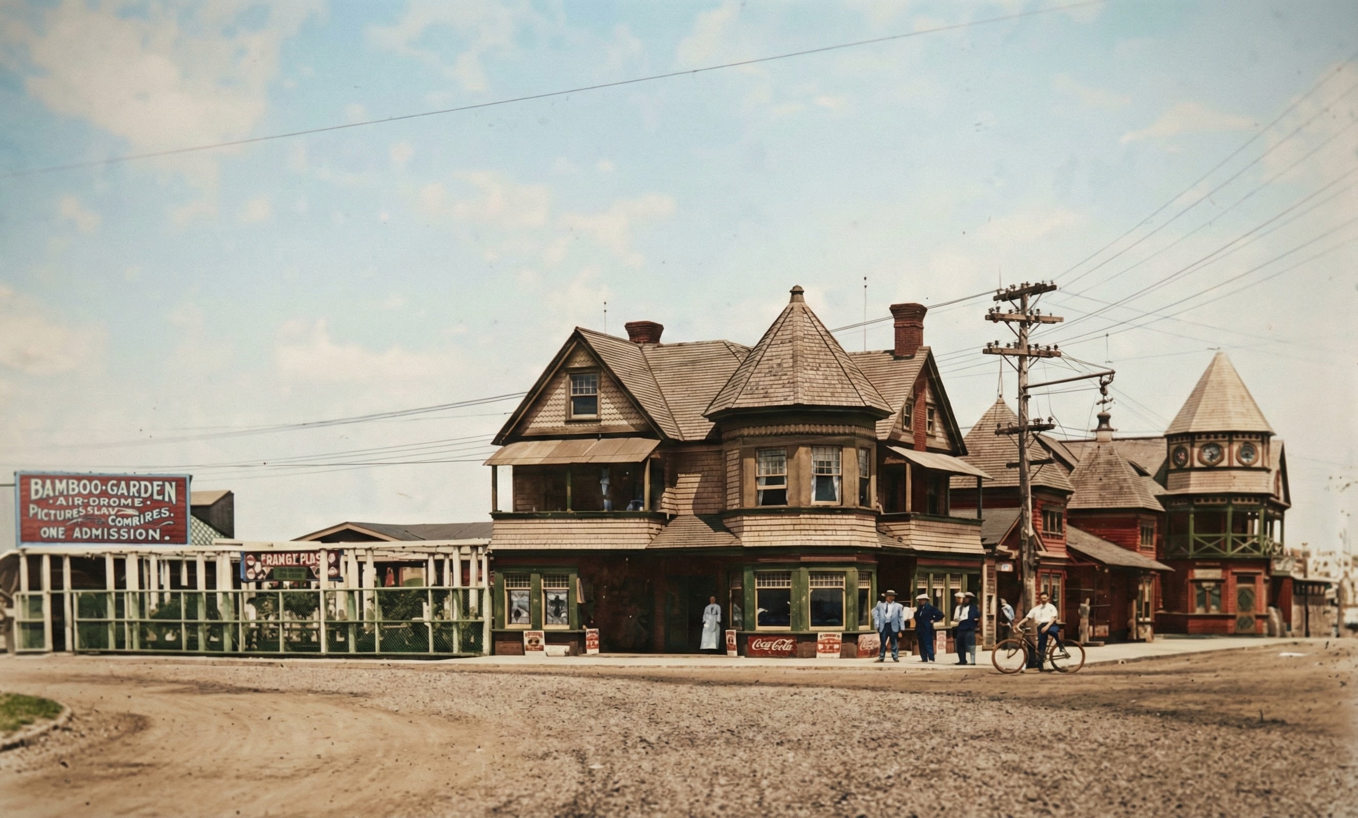 An AI-colorized photograph ca. 1912 of the Sandlass entertainment complex at Highland Beach — the BAMBOO-GARDEN AIR-DROME signboard at left, Victorian gingerbread pavilion office at center, four men in Edwardian dress at the storefront, ORANGE PHOSPHATE and Coca-Cola signs