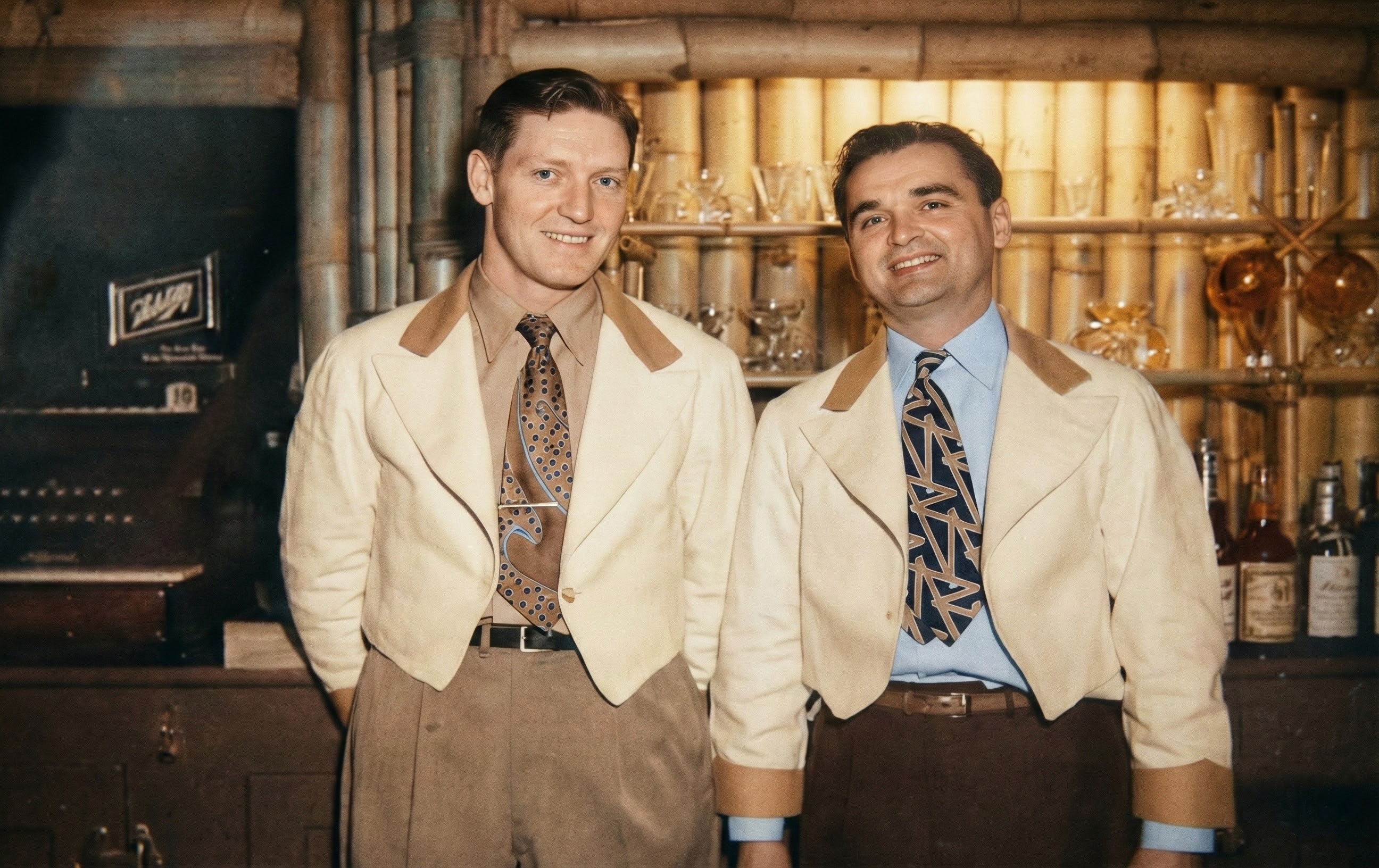 An AI-colorized photograph ca. 1948 of two Bamboo Room bartenders behind the bar at Highland Beach — cream-and-tan short bolero jackets, brown gabardine trousers, patterned neckties, warm-toned bamboo shelves with glassware behind them