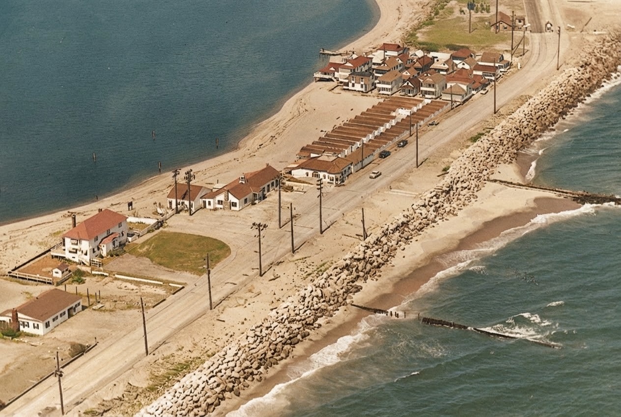 A color aerial photograph ca. 1958 of Highland Beach and the Sandlass Beach Club — the Shrewsbury bay at upper left, the red-roofed cottage colony at upper right, the bathhouse row along Ocean Avenue at center, the family house at lower left, a rock seawall along the ocean front