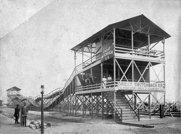 A sepia photograph, ca. 1892, of the Great Switchback R.R. loading tower at Highland Beach, passengers on the platform