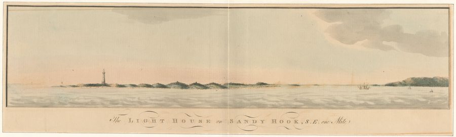 An 18th-century engraved coastal profile of the Sandy Hook lighthouse seen from the sea, the octagonal tower over a low spit