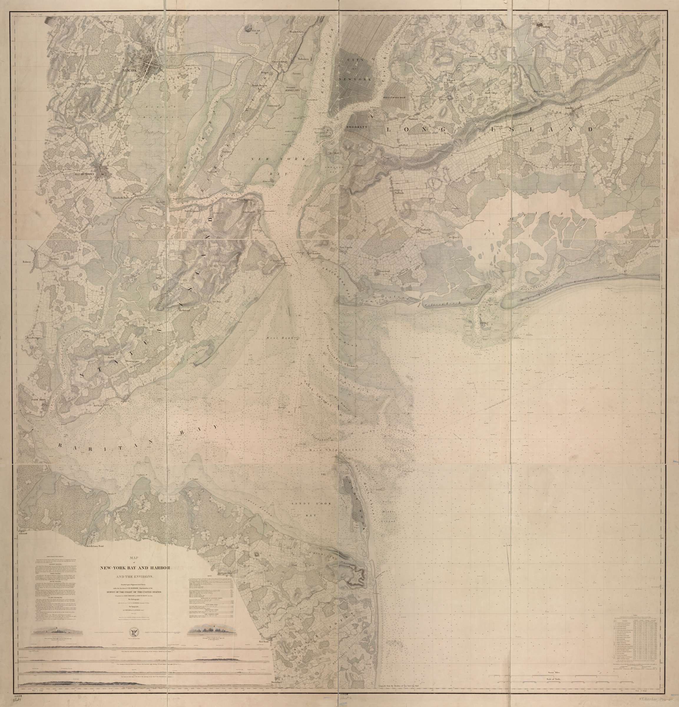 A large-format engraved chart of New York Bay and Harbor from Newark, Staten Island, and Sandy Hook to Long Island and the Narrows — coastline, roads, and thousands of soundings in cream and pale green; title cartouche at lower left reads "Map of New-York Bay and Harbor and the Environs".