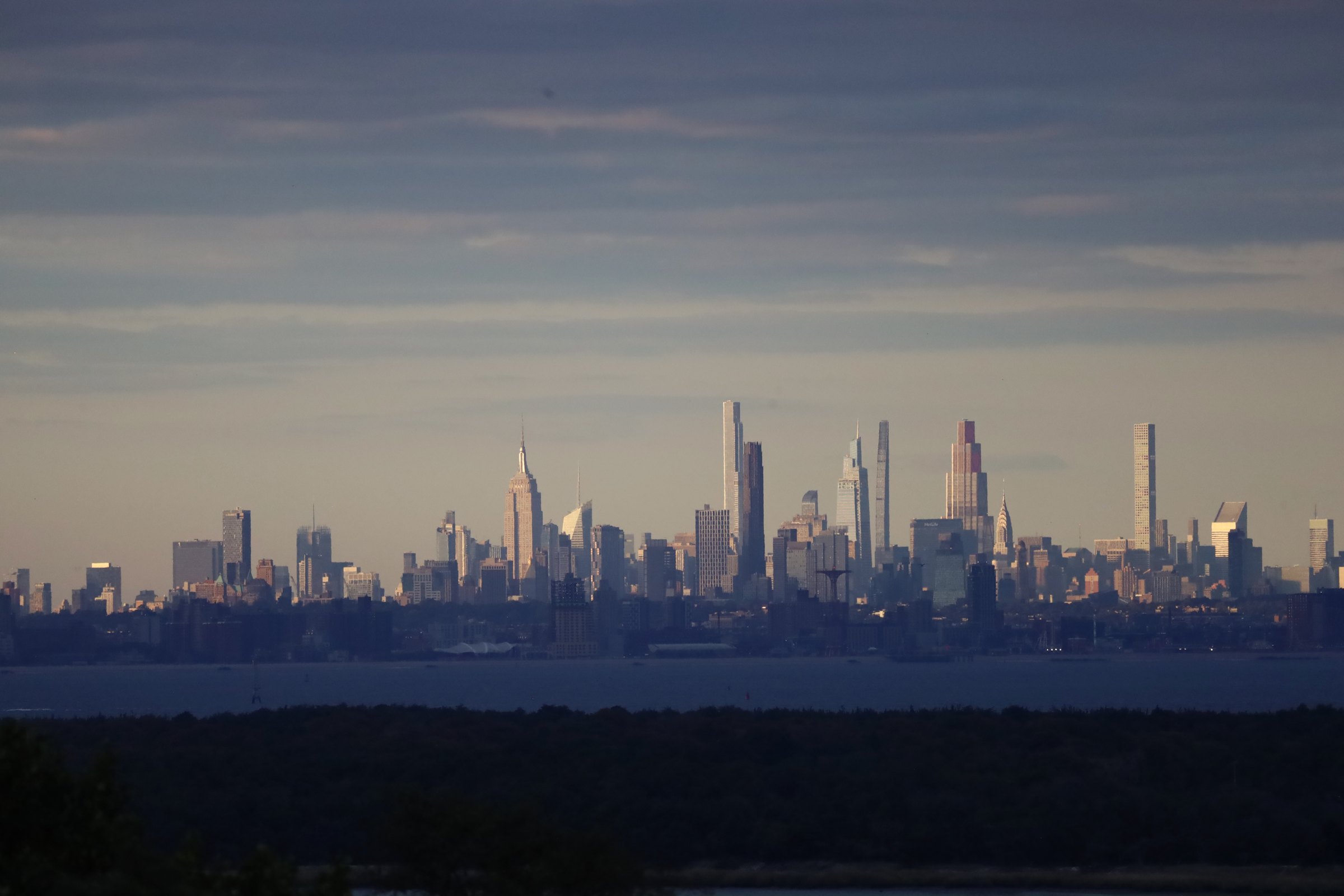 The full Manhattan skyline low on the horizon across the water, seen from a height over a dark band of treetops