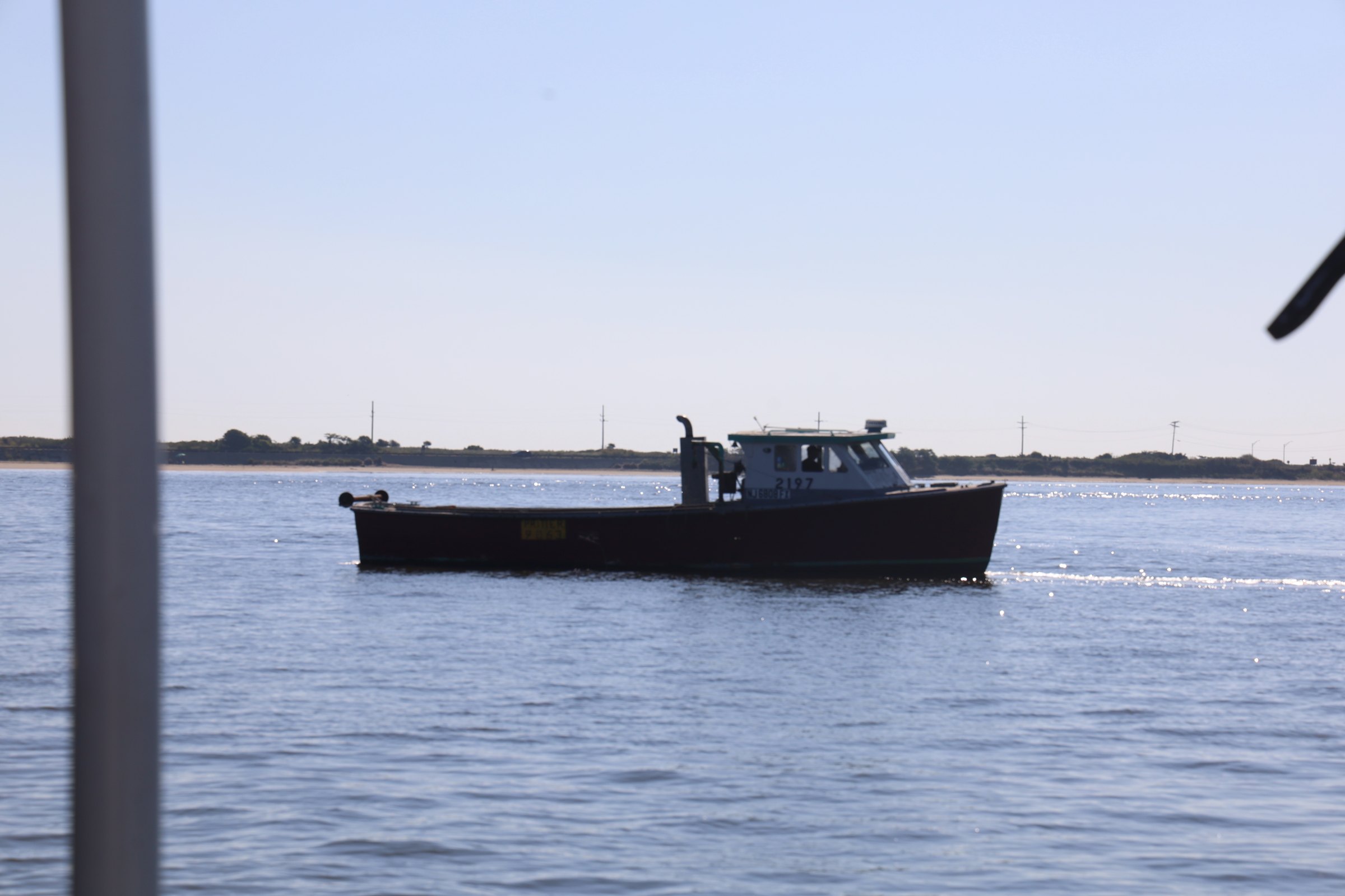 A maroon-hulled commercial fishing boat numbered 2197 running out across calm bay water in profile, a low barrier beach and power-line towers on the far shore, morning sun glinting on the water