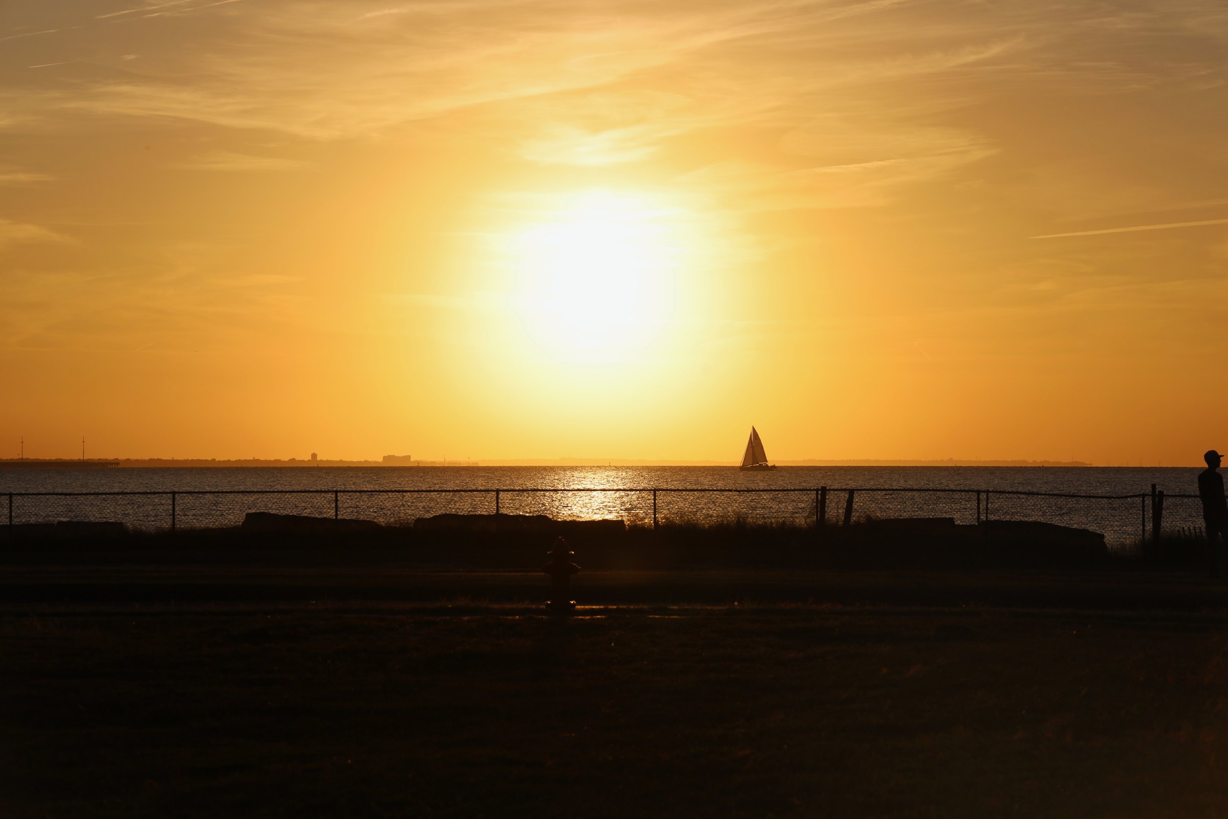 A large golden sun low over calm bay water at sunset, a dark shoreline in the foreground and a faint sail on the horizon