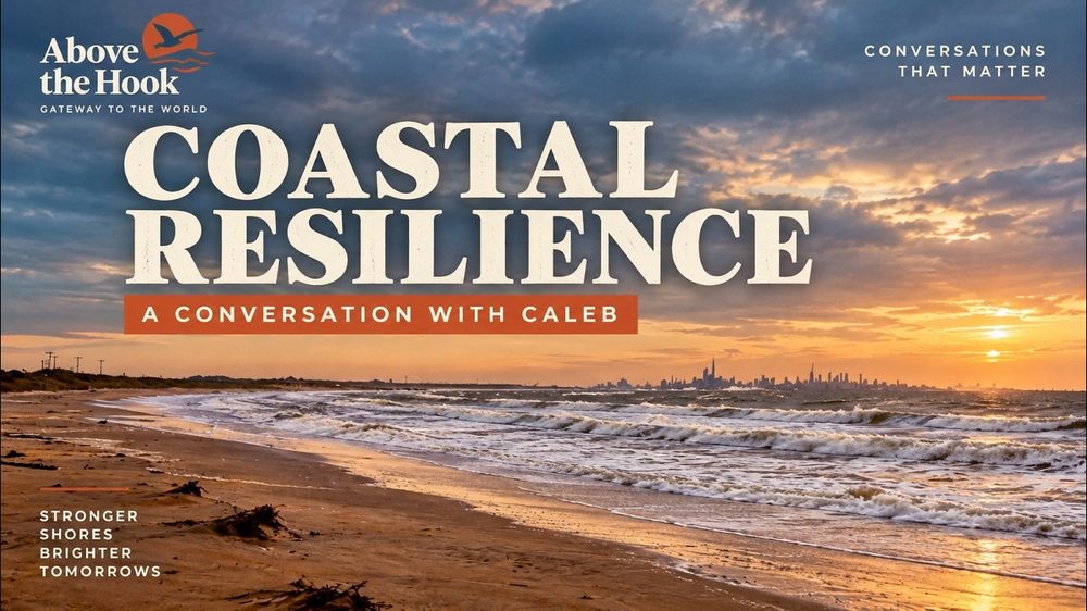 Title card for the filmed conversation — "Coastal Resilience · A Conversation with Caleb" over a sunset bayshore, surf running in and the Manhattan skyline low on the horizon.